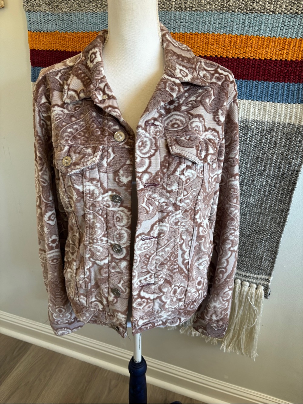 BDG Paisley Button-Front Jean Jacket in Taupe Cream